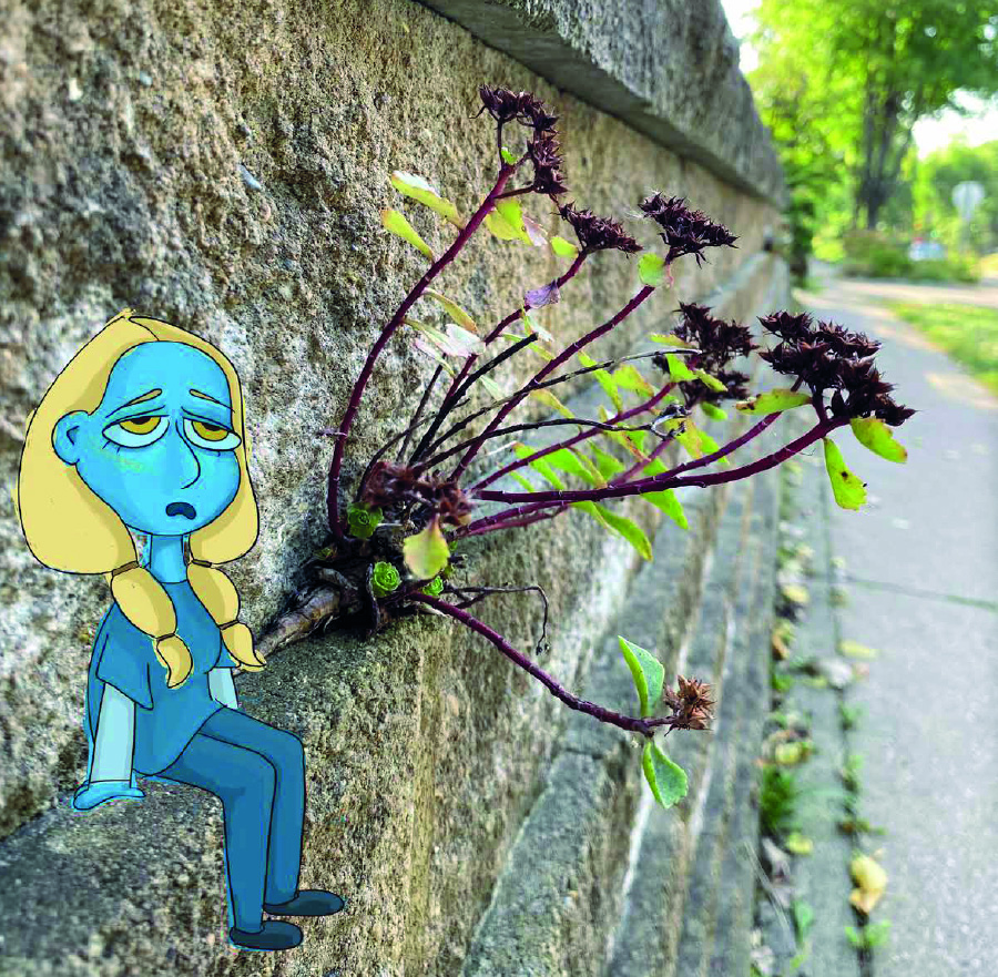Blue girl on wall illustration