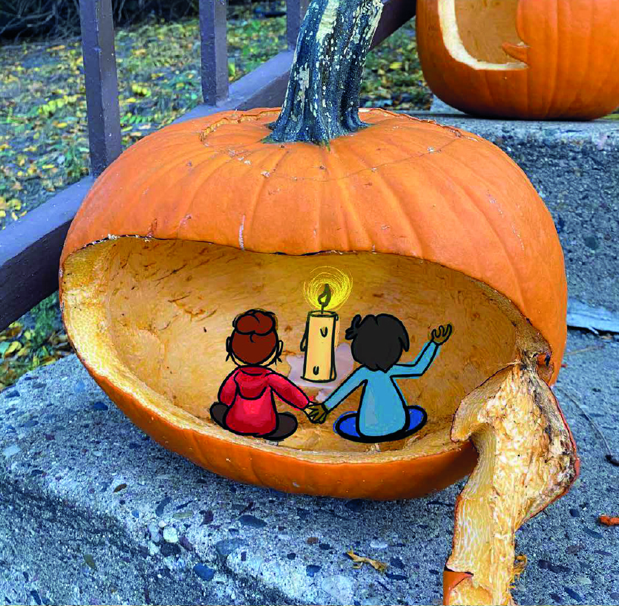 Girls in pumpkin illustration